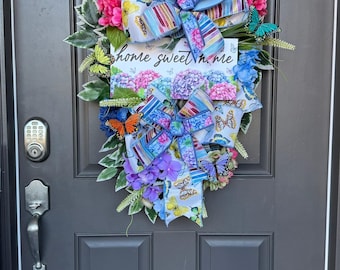 Hydrangea Butterfly Door Swag, Home Sweet Home Decor, Spring Summer Door Hanger, Floral Front Door Swag, Cottage Garden Decor