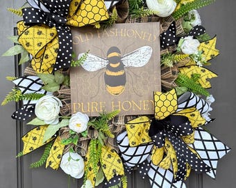 bee wreath, bee, honey bee door decor, summer wreath, everyday wreath, bee wreath for front door, spring decor, Double doors wreath, wreath,