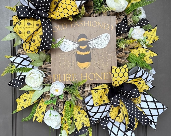 Featured listing image: bee wreath, bee, honey bee door decor, summer wreath, everyday wreath, bee wreath for front door, spring decor, Double doors wreath, wreath,
