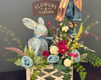 Easter centerpiece, floral arrangement, Easter floral arrangement,  centerpiece, flocked bunny garden arrangement, natural spring