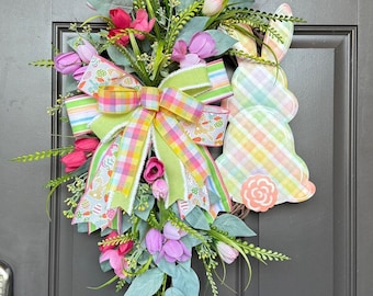Easter Bunny Wreath, Spring Bunny Door Decor, Pastel Easter Front Door Wreath, Spring Floral Swag, Easter Door Hanger