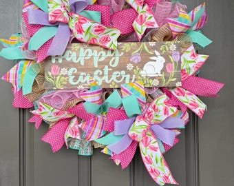 Handmade Easter Wreath, Spring Door Decor, Tulip Bunny Wreath, Pastel Ribbon Wreath, Farmhouse Easter Decor, Happy Easter Sign
