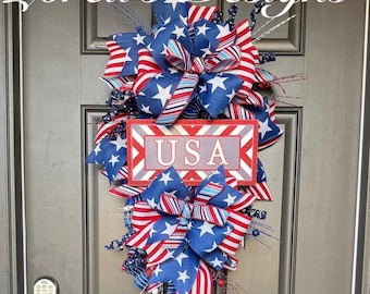 Patriotic Door Swag, USA Front Door Decor, 4th of July Door Swag, Red White Blue Wreath, Patriotic Porch Decor, Memorial Day Decor