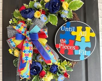 Autism Awareness Wreath, Puzzle Ribbon Door Decor, Bright Spring Floral Wreath, Front Door Decor, Special Needs Support