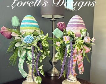 Easter Egg Centerpiece, Spring Candle Holder Decor, Floral Candlestick, Rustic Easter Table Decor, Blue or Pink Egg Arrangement