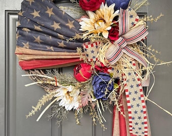 Patriotic Wreath, American Flag Wreath, 4th of July Wreath, Rustic Americana Wreath, Veterans Day Wreath, Handmade Door Decor, flag scarf