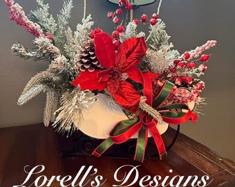 Christmas Sleigh Centerpiece, Red Poinsettia & Pine Holiday Arrangement, Frosted Evergreen with Ribbon Bow, Farmhouse Christmas Decor