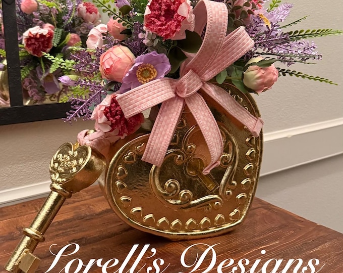 Featured listing image: Valentine Heart Centerpiece with Key,  Blush Roses, Romantic pink Decor, Luxury Valentine Table Arrangement