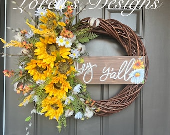 Sunflowers and Daisies willow wreath wicker wreath sunflowers wreath  daisies wreath rattan hey ya’ll sign spring wreath summer wreath