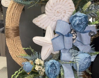 Corona da spiaggia, corona nautica, conchiglie, fiori e conchiglie, fiori, stelle marine, spiaggia elegante, elegante arredamento nautico, porta nautica