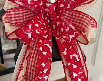 Valentine Heart Designer Bow, Red Gingham Valentine Bow, Farmhouse Valentine Decor, Front Door Bow, Lantern Bow, Mailbox Bow