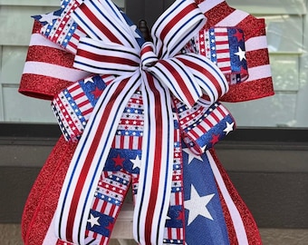 Large Patriotic Lantern Bow, 4th of July Bow, Red White Blue Wreath Bow, Mailbox Bow, Front Door Bow, Coach Light Decor Bow