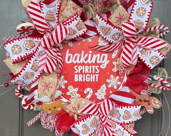 Baking Spirits Bright Gingerbread Wreath, Christmas Kitchen Decor, Peppermint Candy Cane Wreath, Gingerbread Chef Holiday Door Decor