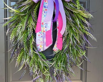 Purple bead grass Front Door Wreath, purple greenery, Saw Grass wreath, everyday wreath, Greenery everyday wreath, interchangeable bow, fern