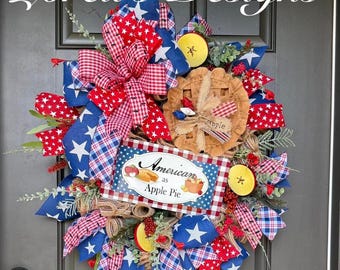 American as Apple pie, Patriotic Wreath, 4th of July Decor, Americana Wreath, Apple Pie Wreath, Summer Front Door wreath, red white and blue