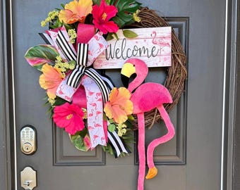 Flamingo Welcome Wreath, Tropical Summer Door Wreath, Pink Flamingo Front Door Decor, Beach House Farmhouse Wreath