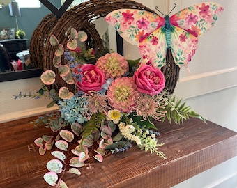Spring Butterfly Centerpiece, Floral Table Decor, Wall Hanging Arrangement, Pink Blue Spring Flowers, Garden Inspired Home Decor