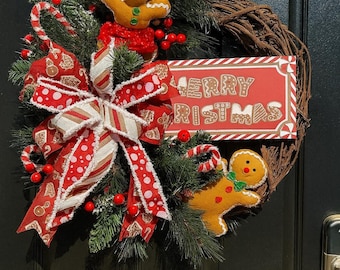 Gingerbread grapevine wreath, Christmas wreath, gingerbread and peppermint wreath