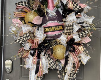 Champagne Celebration Wreath – Glam New Year’s Door Decor, Pink, Gold & Black Sparkle, Luxe Holiday Party Wreath