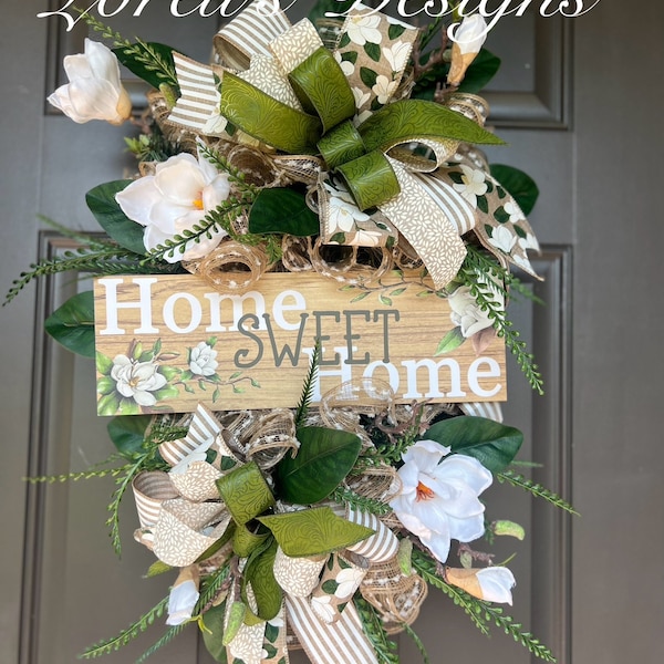 Home sweet home magnolia Swag, Teardrop Swag, Everyday Wreath, Spring door decor, Year round, welcome wreath, gift, welcome guest, magnolia