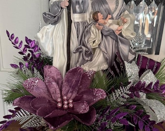 Luxury Nativity, Centerpiece, Elegant Christmas Table Decor, Holy Family Arrangement, silver and purple Centerpiece, Christian Holiday
