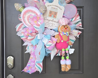 Candyland gingerbread chef wreath, pastel Christmas wreath, holiday front door decor, whimsical bakery wreath, sweet shop Christmas