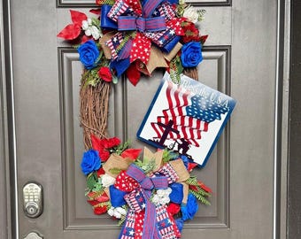 Patriotic Wreath, Memorial Day Wreath, 4th of July Decor, Americana Wreath, God Bless USA, Military Tribute, Front Door Wreath, Military