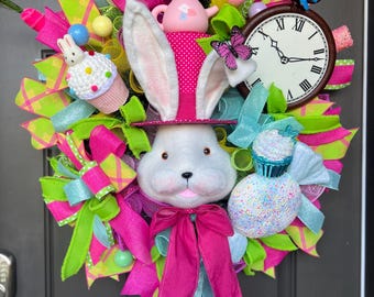 Mad Hatter Bunny Wreath, Whimsical Easter Front Door Decor, Alice in Wonderland Inspired Spring Wreath, Colorful Bunny Door Hanger