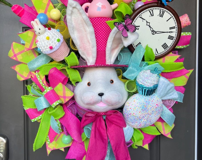 Featured listing image: Mad Hatter Bunny Wreath, Whimsical Easter Front Door Decor, Alice in Wonderland Inspired Spring Wreath, Colorful Bunny Door Hanger