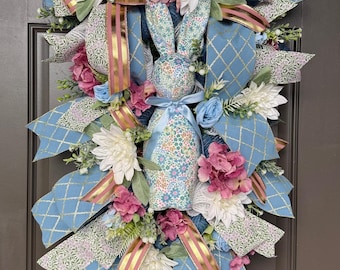 Elegant Floral bunny Swag, Handmade Door Decoration, Floral flicked bunny, Floral Accent, Easter door decor, Fuzzy bunny, Dalias hydrangeas