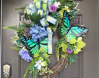 Teal Butterfly Wreath, Spring Summer Front Door Decor, Hydrangea Wreath, Everyday Floral Wreath, Garden Inspired Door Hanger