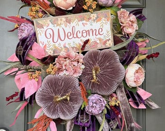 Velvet Pumpkin Fall Wreath, Burgundy Plum Autumn Door Decor, Welcome Sign Wreath, Thanksgiving Front Door Decoration