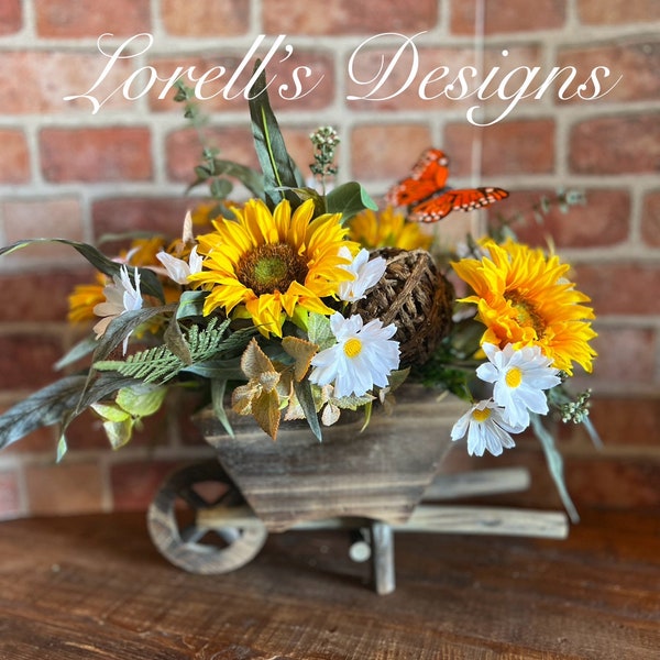 Sunflower wheelbarrow centerpiece floral arrangement everyday table decor table decoration centerpiece flower arrangement sunflower summer