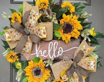 Sunflower Wreath for Front Door, Rustic Farmhouse Summer Wreath, Hello Sunflower Door Wreath, Burlap Sunflower Decor, Farmhouse Porch Decor