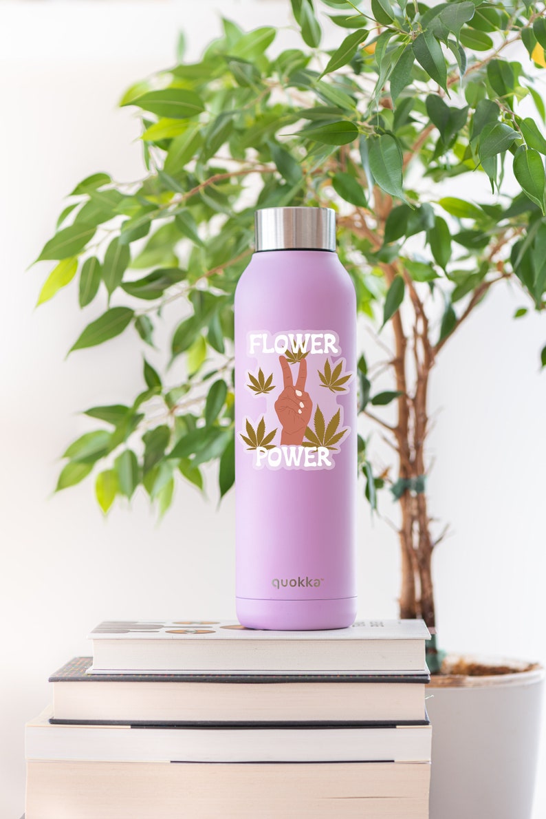 Puede incluir: Una botella de agua de acero inoxidable de color morado con una pegatina que dice "Flower Power" y que presenta un signo de paz y hojas de marihuana. La botella est&aacute; sobre una pila de libros.