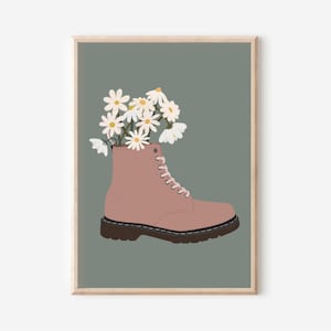 May include: A pink leather boot with black laces and a black sole, filled with white daisies on a sage green background.