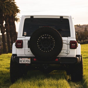 Puede incluir: Jeep Wrangler blanco con una rueda de repuesto montada en la parte trasera. El Jeep est&aacute; estacionado en un campo de hierba con palmeras en el fondo. La matr&iacute;cula dice "8EVG904".