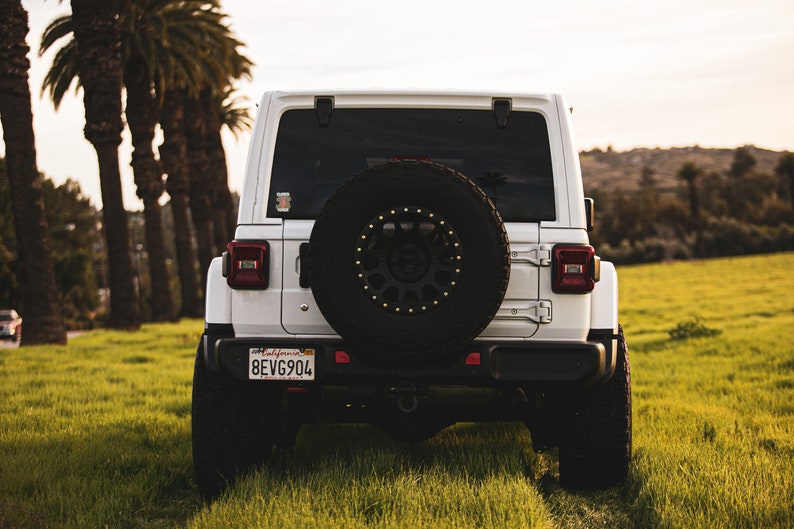 Puede incluir: Jeep Wrangler blanco con una rueda de repuesto montada en la parte trasera. El Jeep est&aacute; estacionado en un campo de hierba con palmeras en el fondo. La matr&iacute;cula dice "8EVG904".