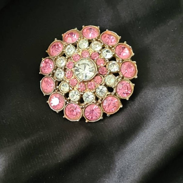 Beautiful flower garland vintage broach with stones in suffragette colours pink crystal