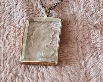 Vintage 1950's Pale Gold Clear Glass Cameo Intaglio Portrait Convex Rectangle Pendant Necklace