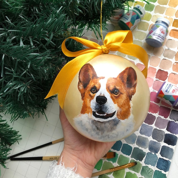 Custom pet portrait Ornament Christmas ball Dog art Personalised hand painted bauble Cat memorial ornament