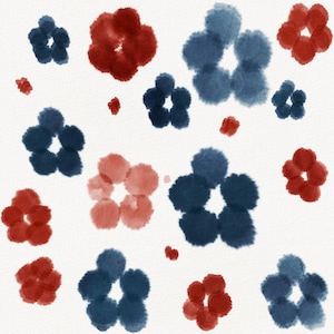 May include: A digital pattern featuring scattered watercolor-style flowers in shades of deep navy blue, muted red, and soft coral pink. The floral shapes are composed of rounded, overlapping circular brushstrokes on a textured white background.