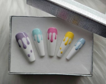 Press-on nails, drip nails, rainbow nails, Spring nails, pastel nails, Easter nails, handpainted nails, custom nails, reusable nails, colorf