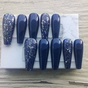 Blue press on nails, midnight blue press-ons, glitter accents, winter nails, holiday nails, long coffin, reusable, glue-on, Apres  gel nails
