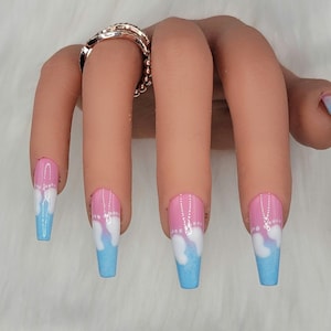 Baby shower press-on nails, gender reveal press ons, pink and blue, pregnancy and infant loss, reusable, gel nails, handpainted nails, Apres
