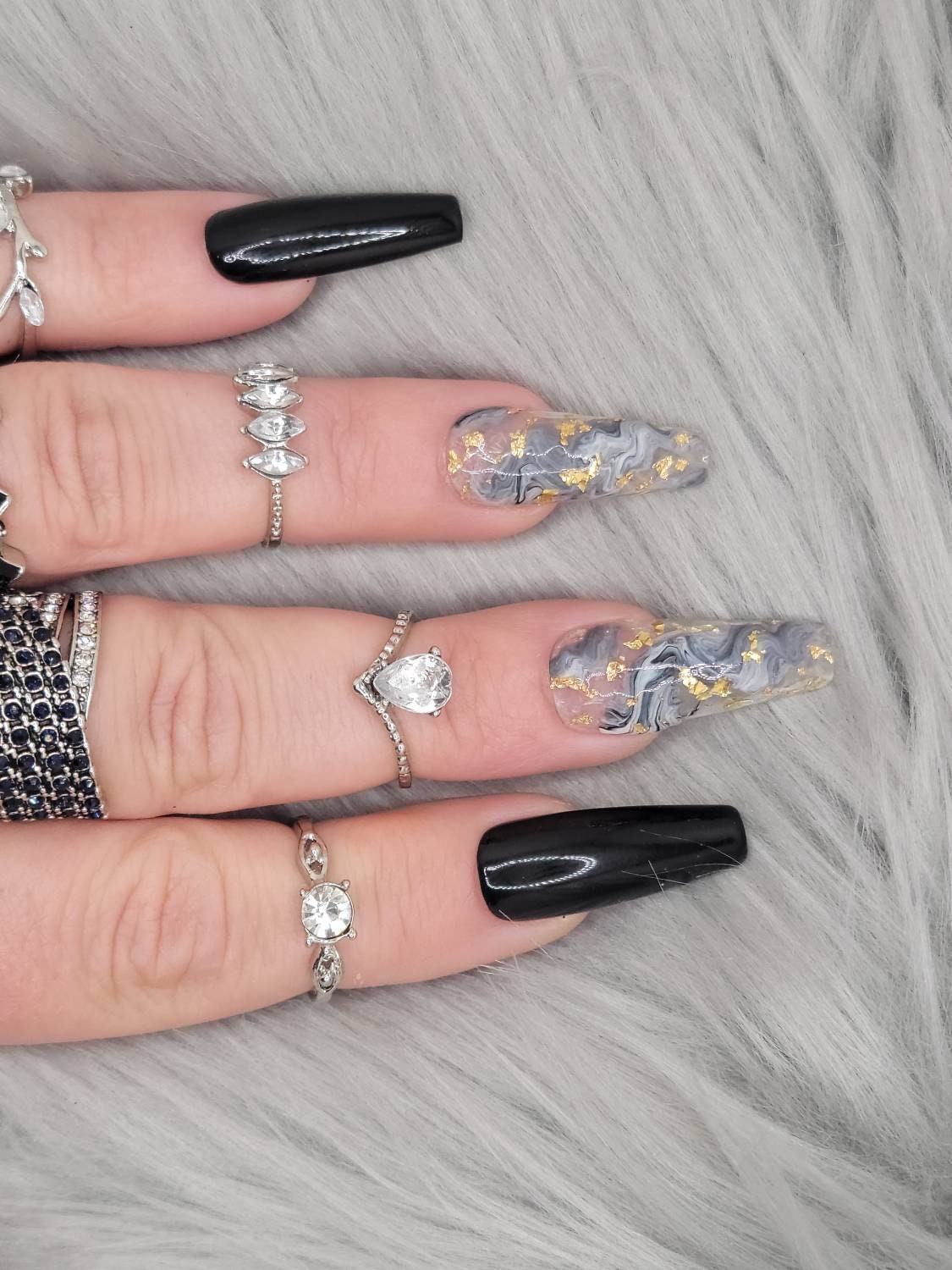 VEDAR Black Marble Press on Nails, Gold Foil Nail Art, Coffin  Acrylic Nails for Women, Black Outlined French Pink Press on Nails, Long  Black Press on Nails Art, 12 sizes, 24