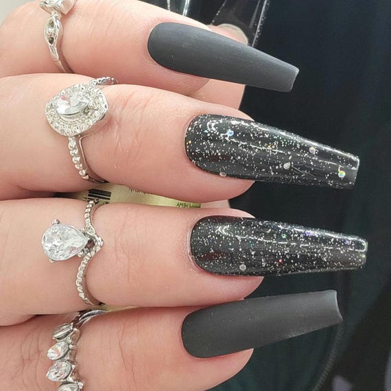 Press on Nails Matte Black Nails Black Press ons Glitter Nails Fake Nails Reusable Nails Coffin Nails Handpainted Nails False Nails Etsy UK