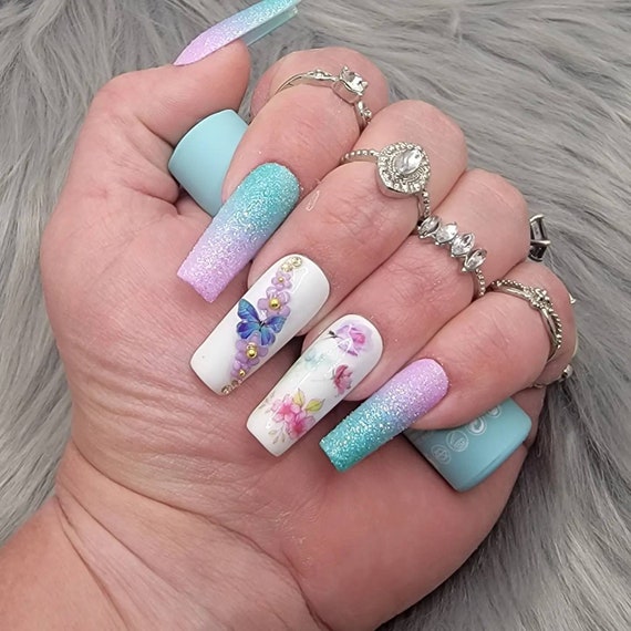 Press on Nails Ombre Nails Purple Nails Teal Nails Floral - Etsy