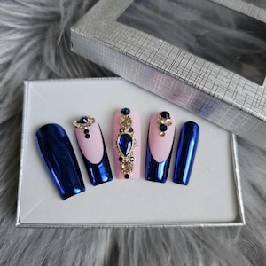 Blue chrome press ons, chrome french tips on matte pink base, sapphire and  gold rhinestones, handpainted, gel, reusable nail, glue-on nail