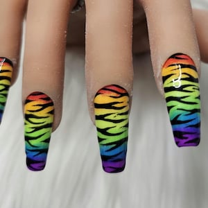Press-on nails, pride nails, LGBTQ nails, rainbow nails, zebra print, pride month, rainbow baby, reusable, glue on nails, Apres, gel nail